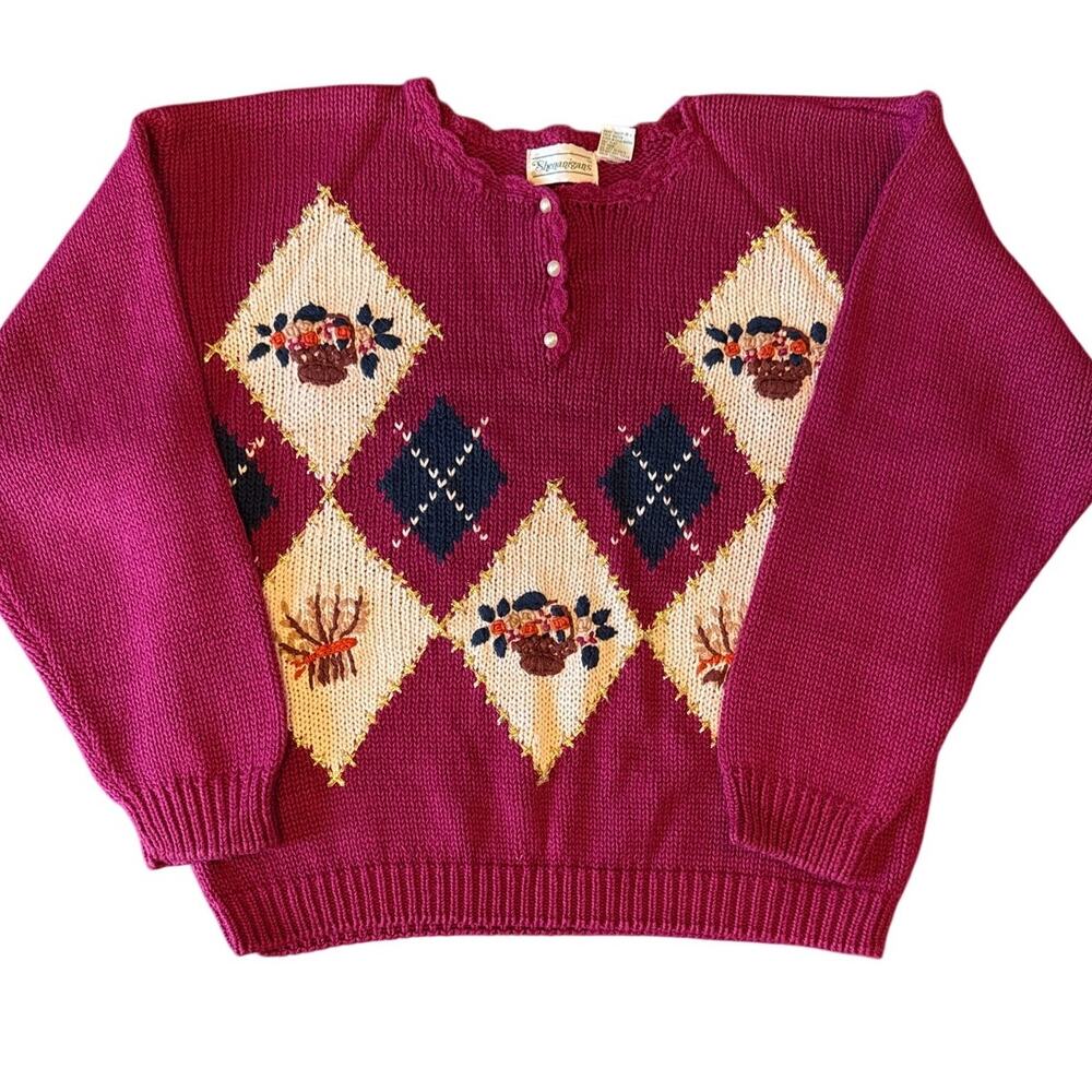 Vintage Argyle Fuchsia Pink Floral Embroidered Sweater L Academia Grandmacore